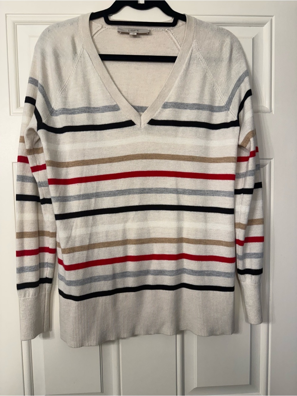 LOFT Ivory V-Neck Sweater with Red, Black, Gray & Tan Stripes